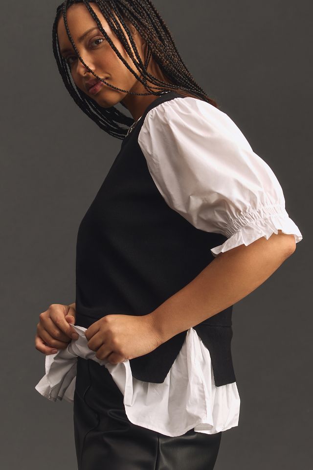 By Anthropologie Layered Poplin-Sleeve Sweater #4