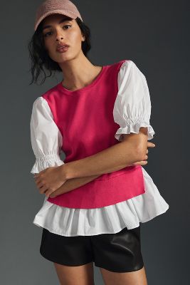 By Anthropologie Layered Poplin-sleeve Sweater In Pink