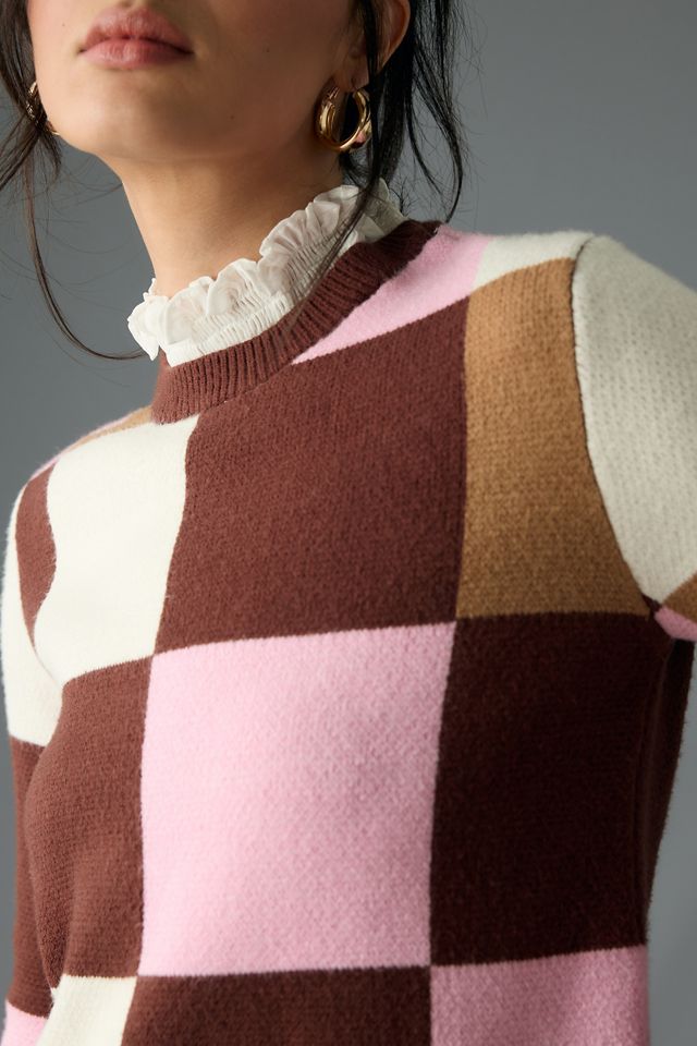By Anthropologie Plaid Ruffle-Collar Pullover Sweater #1