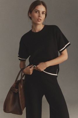 English Factory Short-sleeve Tipped Boxy Sweater In Black