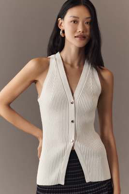 English Factory V-neck Ribbed Cardigan Sweater Tank In White