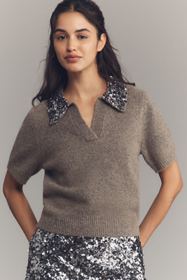 Endless Rose Short-sleeve Sequin-collar Sweater In Brown