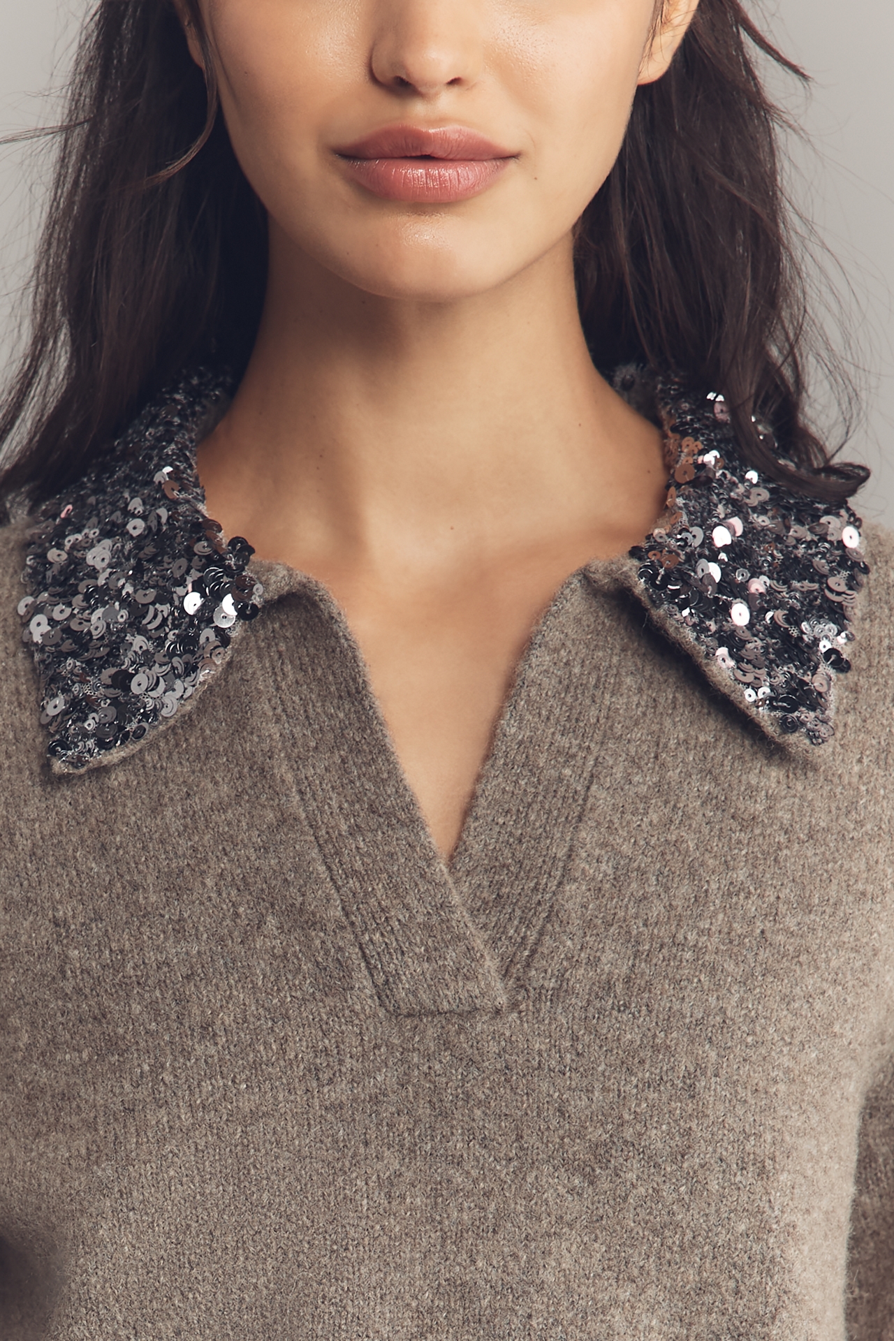Endless Rose Short-Sleeve Sequin-Collar Sweater