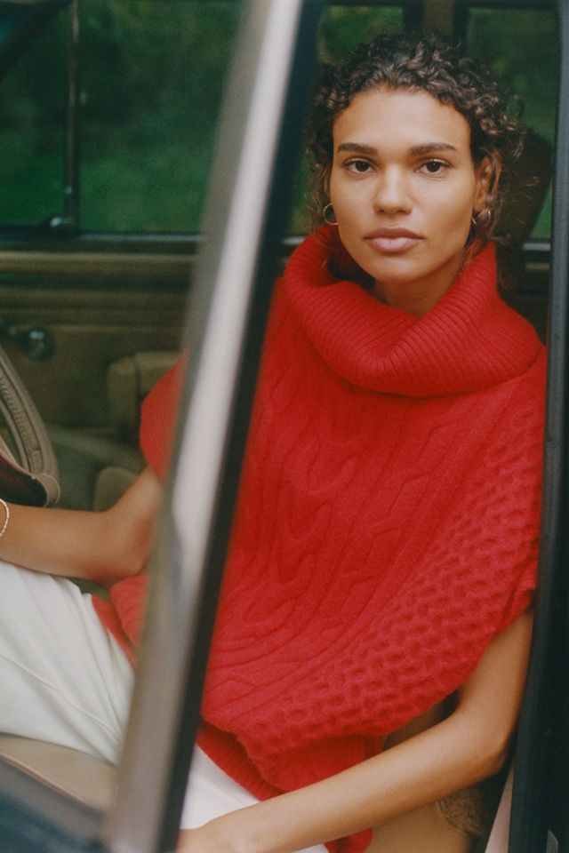 Cable-Knit Turtleneck Poncho Sweater #4
