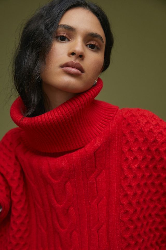 Cable-Knit Turtleneck Poncho Sweater #2