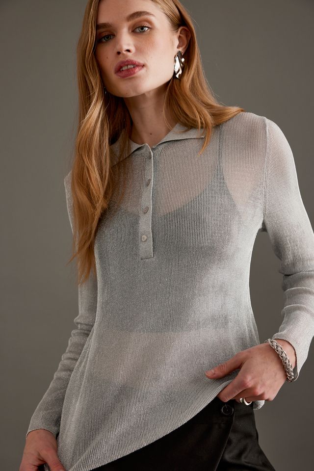 Selected Femme Dagni Sheer Knit Polo Top | Anthropologie UK