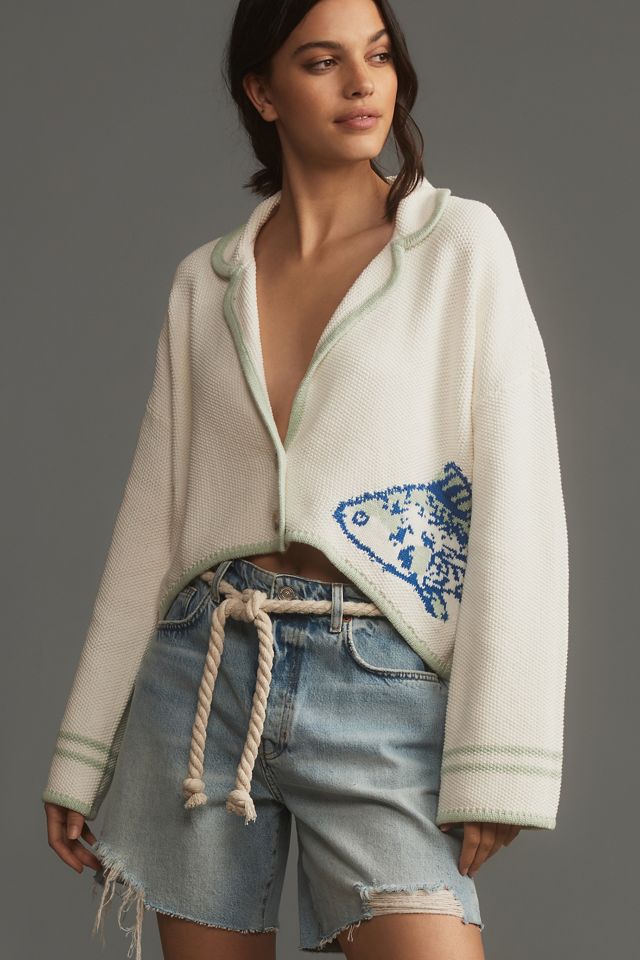 Animal Theory Linen Cropped Fish Cardigan Sweater #2