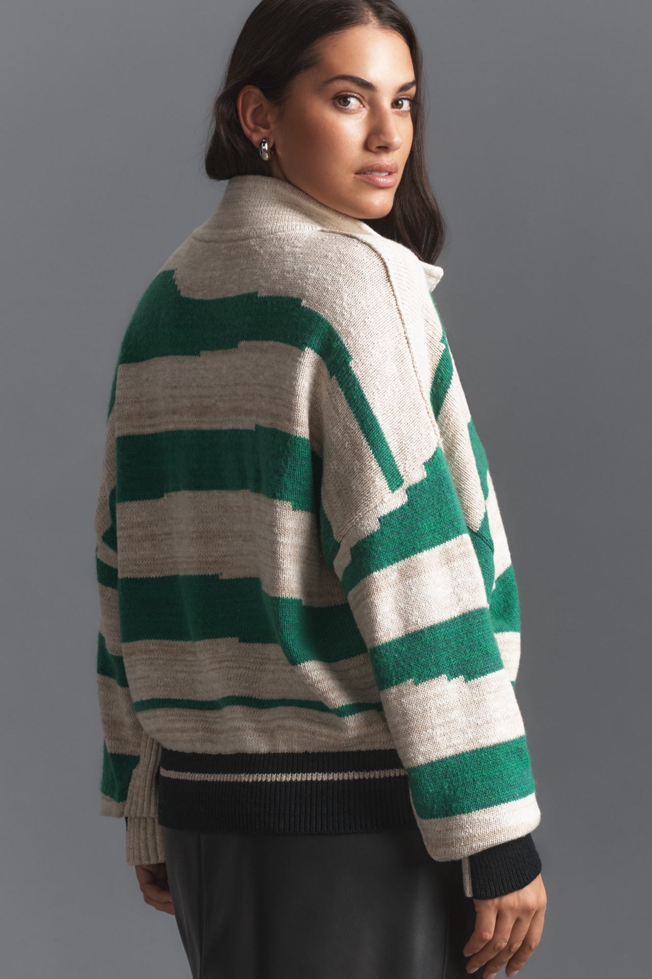 Pilcro Plunging V-Neck Rugby Stripe Collared Pullover Sweater