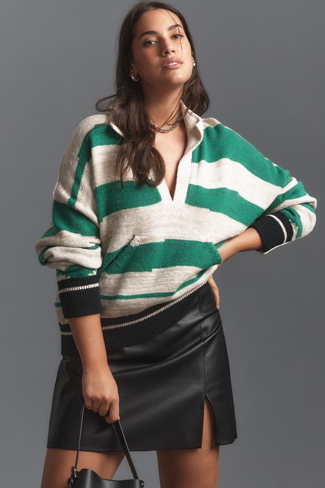 Pilcro Plunging V-Neck Rugby Stripe Collared Pullover Sweater #4