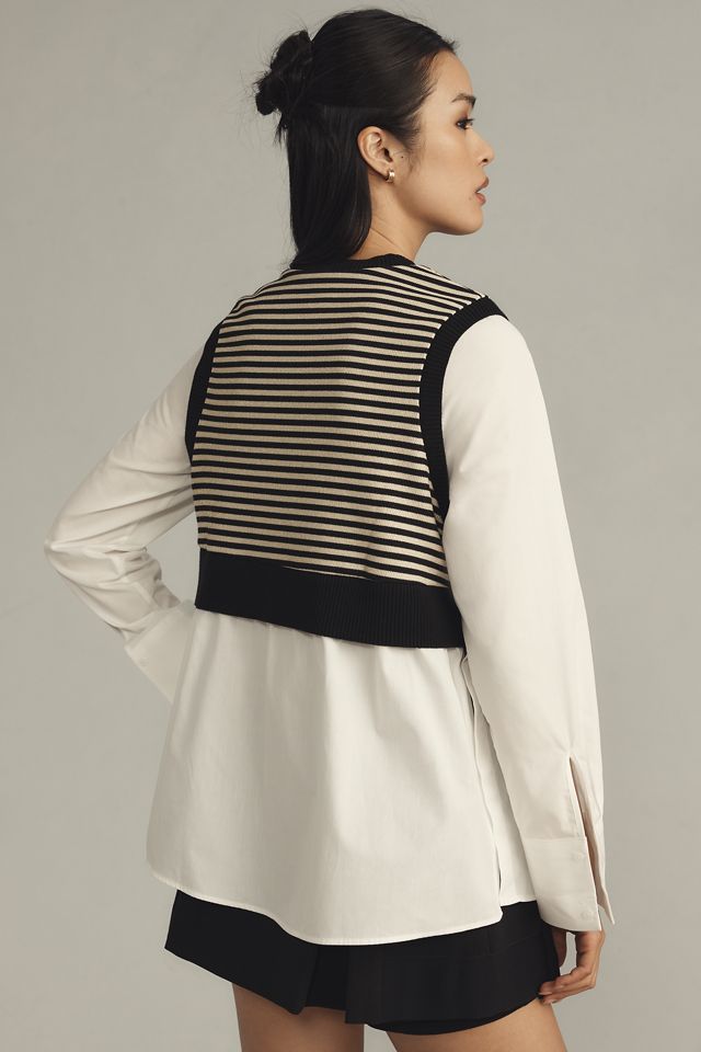 Maeve Long-Sleeve Linen Twofer Sweater Vest Top #1