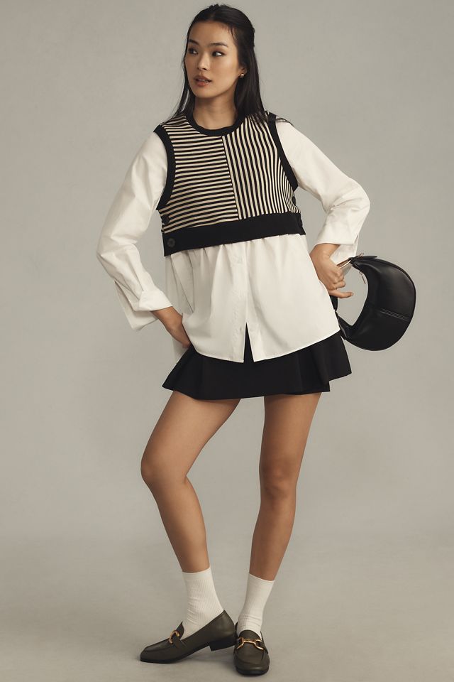 Maeve Long-Sleeve Linen Twofer Sweater Vest Top #3