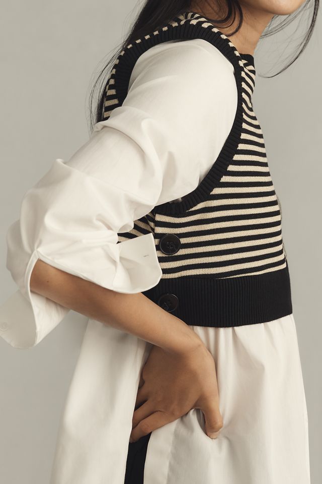 Maeve Long-Sleeve Linen Twofer Sweater Vest Top #2