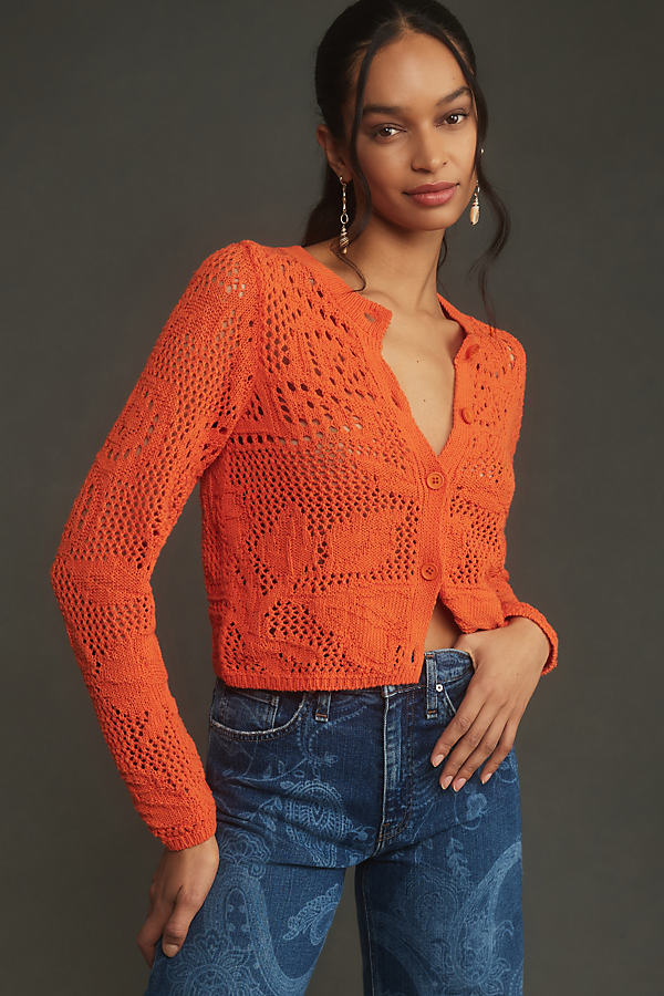 By Anthropologie Open-stitch Floral Cardigan Sweater In Orange
