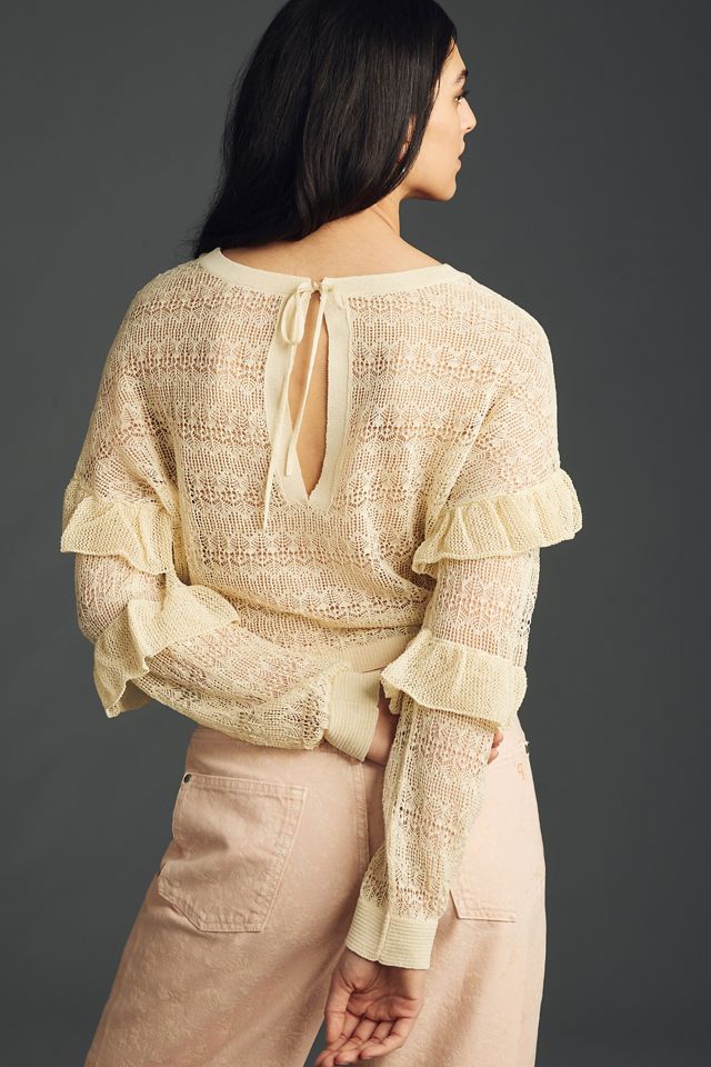 By Anthropologie Sheer Open-Stitch Ruffle Pullover Sweater #1