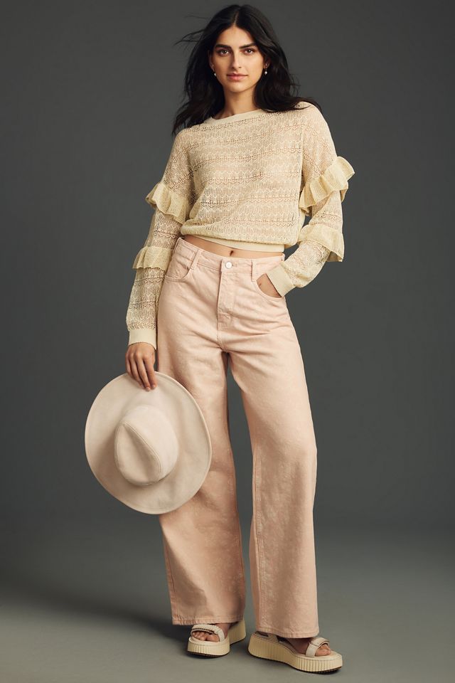 By Anthropologie Sheer Open-Stitch Ruffle Pullover Sweater #2