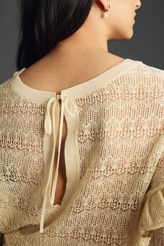 By Anthropologie Sheer Open-Stitch Ruffle Pullover Sweater #3