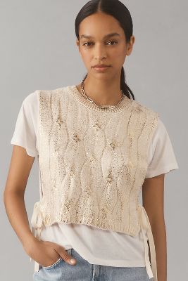 Shop Pilcro Short-sleeve Cable-knit Twofer Sweater In Gold