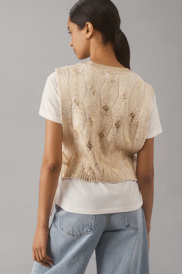 Pilcro Short-Sleeve Cable-Knit Twofer Sweater #1