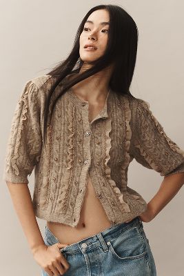 Shop Maeve Short-sleeve Embellished Ruffled Cardigan Sweater In Beige