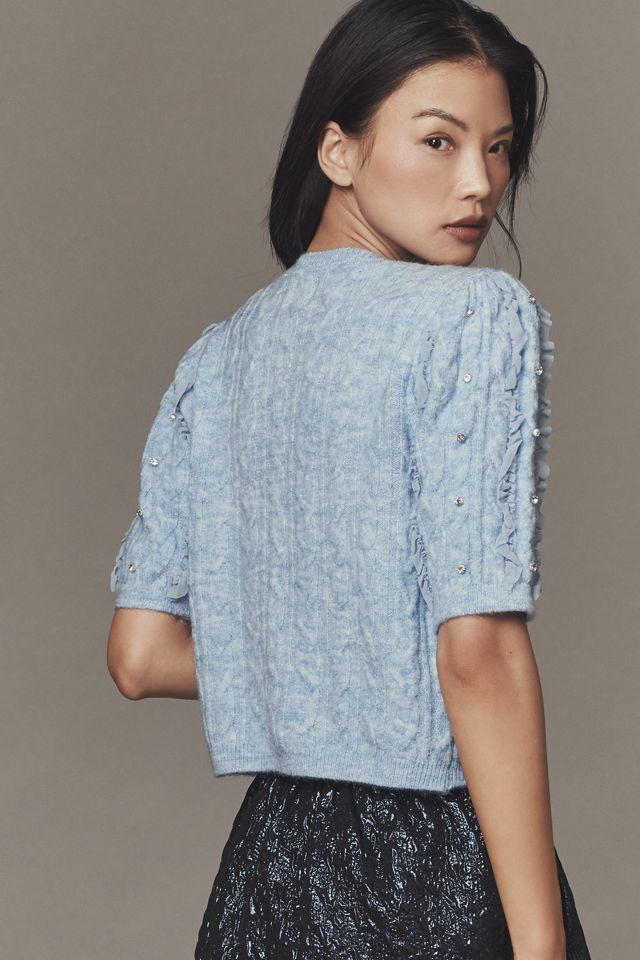 Maeve Short-Sleeve Embellished Ruffled Cardigan Sweater #2