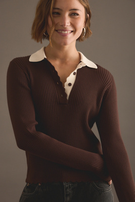 By Anthropologie Long-Sleeve Scallop Polo Shirt