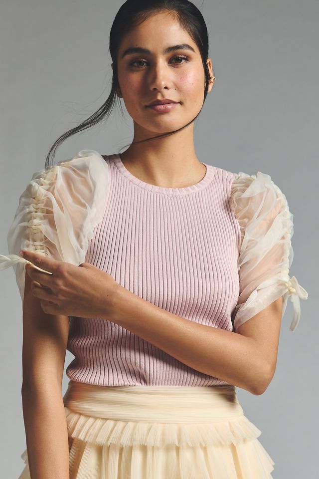 En Saison Arianne Tulle-Sleeve Sweater Top #1