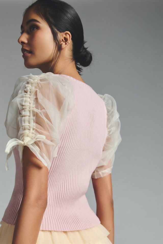 En Saison Arianne Tulle-Sleeve Sweater Top #3