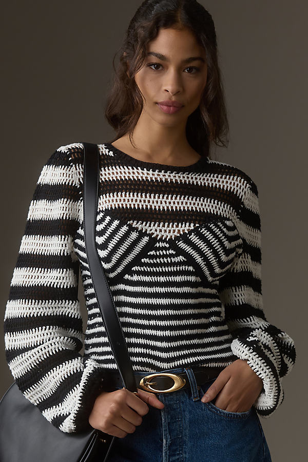 Farm Rio Crochet Long-sleeve Sweater In Black