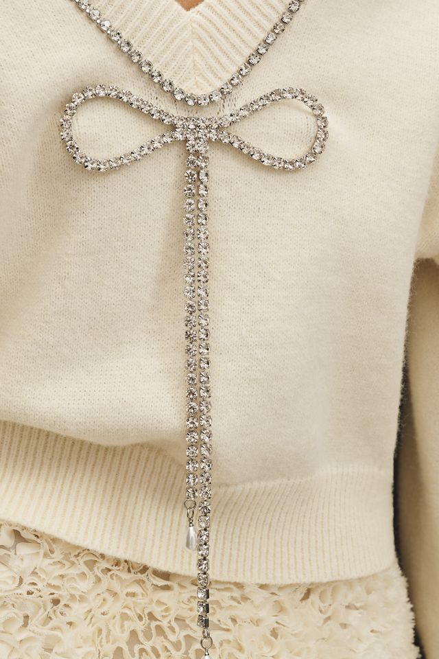 Flat White Embellished Bow V-Neck Sweater #1
