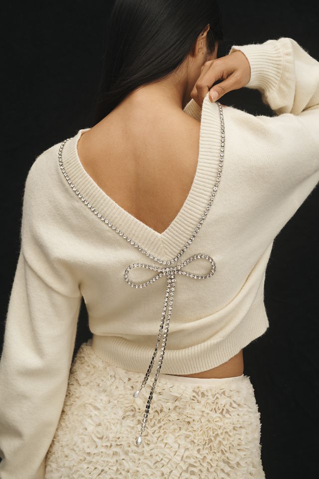 Flat White Embellished Bow V-Neck Sweater #2
