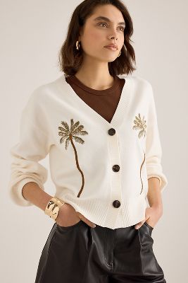 Cardigan brodé à palmiers en Beige taille: XL chez Anthropologie - Never Fully Dressed - Modalova