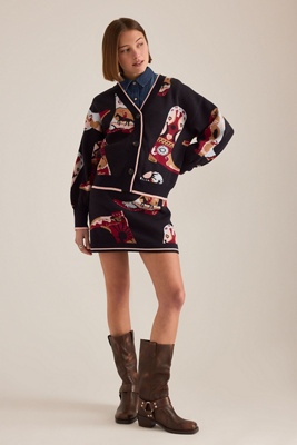 Never Fully Dressed Cowboy Boot Cardigan In Blue