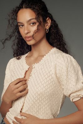 Shop By Anthropologie Puff-sleeve Pointelle Cardigan Sweater In White
