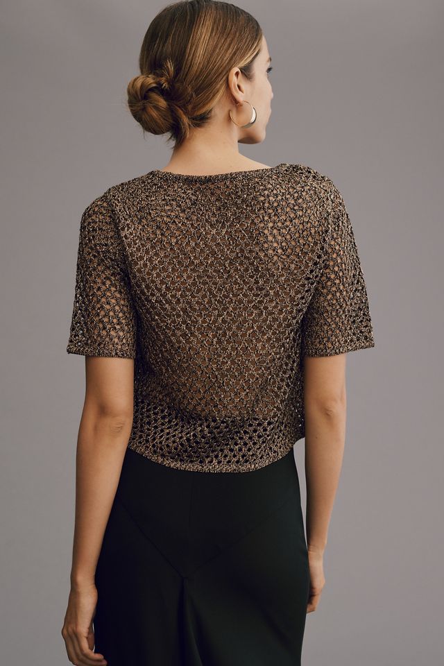 By Anthropologie maglione all'uncinetto metallico a maniche corte squadrato #2