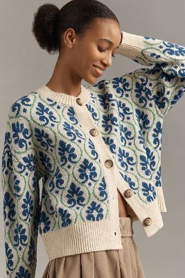 Maeve Pop Floral Cardigan Sweater In Blue