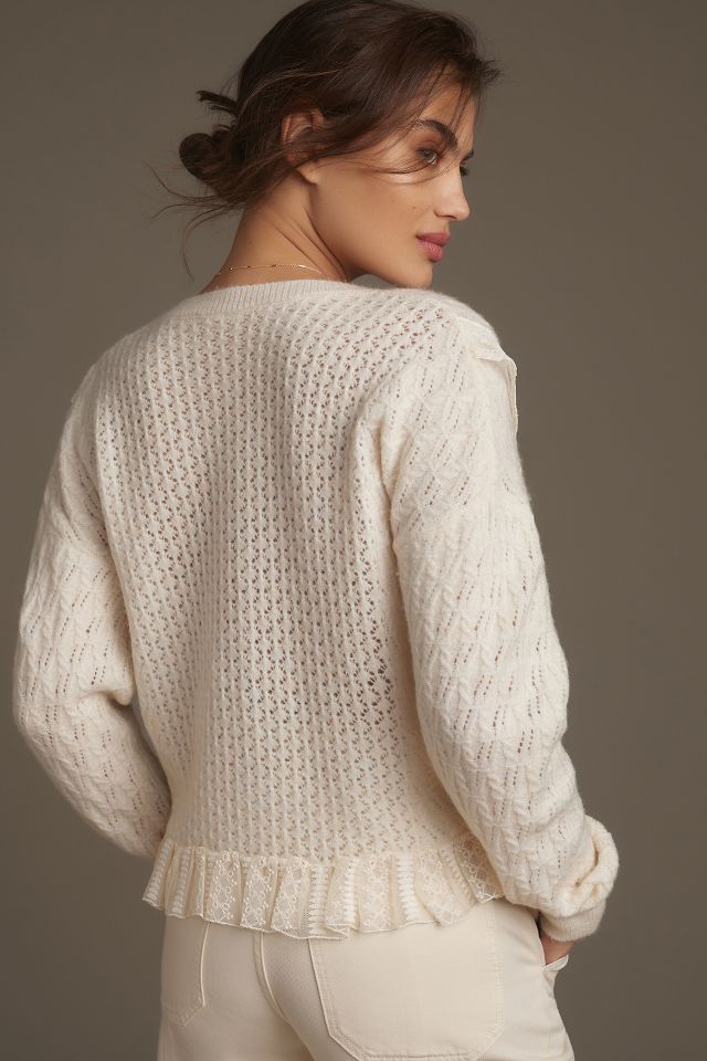 By Anthropologie Pointelle Ruffled Cardigan Sweater