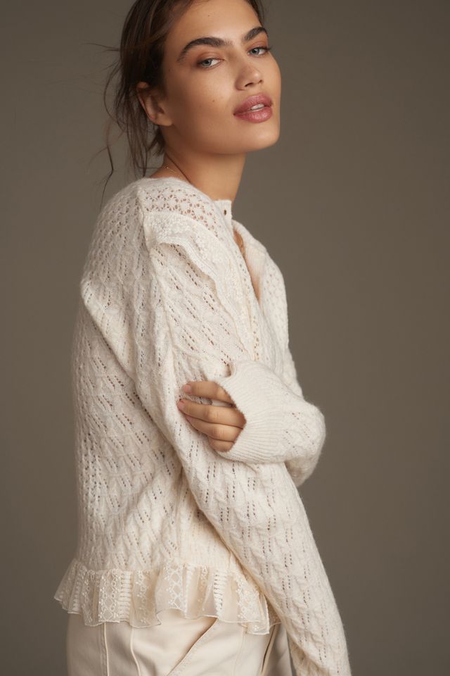By Anthropologie Pointelle Ruffled Cardigan Sweater #3