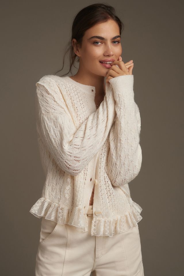 Cream Pointelle Button-Front Sweater Knit Cardigan