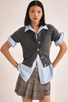 Shop Maeve Short-sleeve Cardigan Sweater In Grey