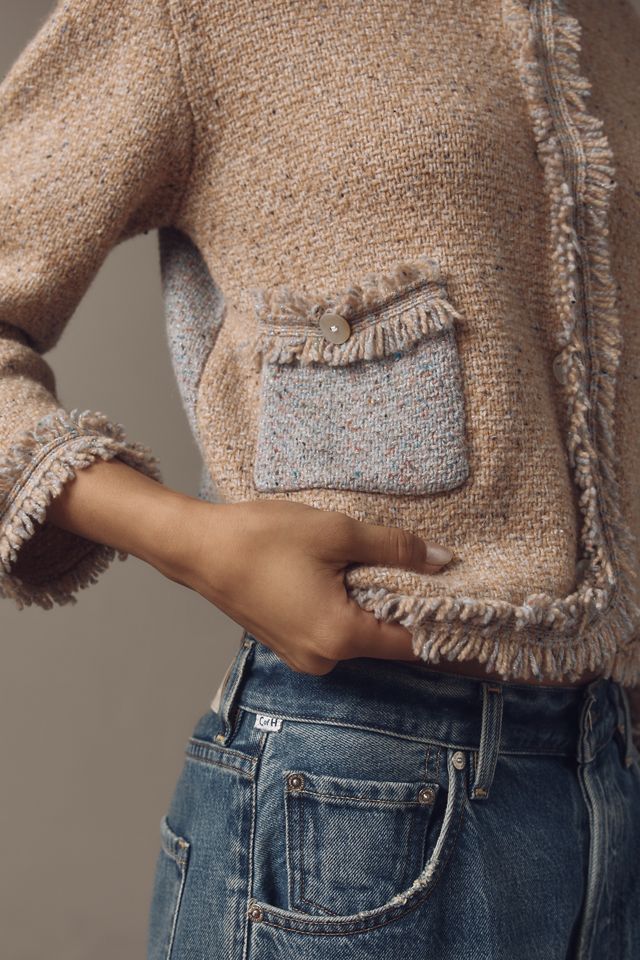 Lingua Franca Onassis Fringed Tweed Cardigan Sweater #3