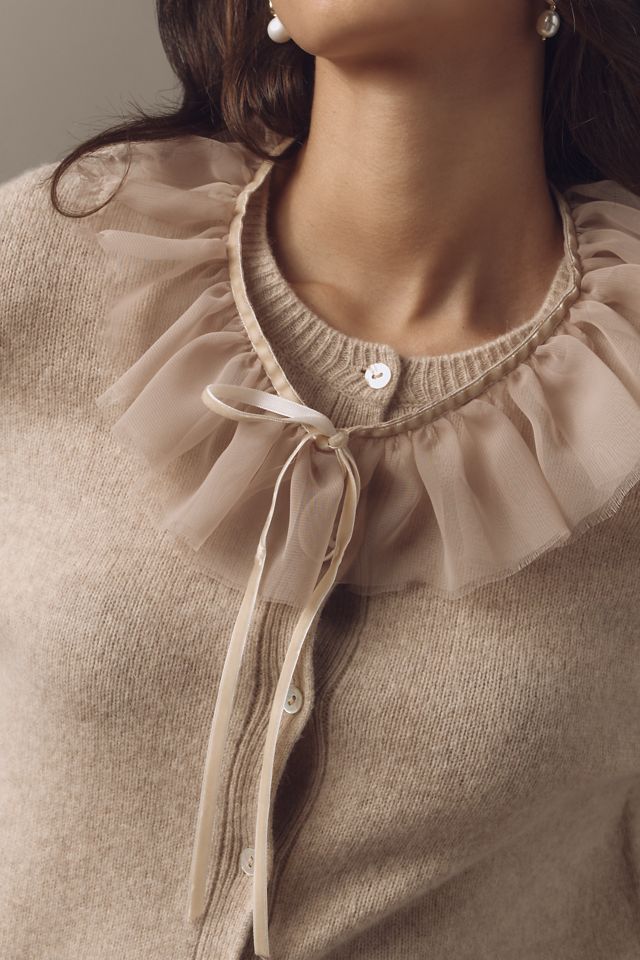 Lingua Franca Brushed Wool Removable Chiffon-Collar Cardigan Sweater #3