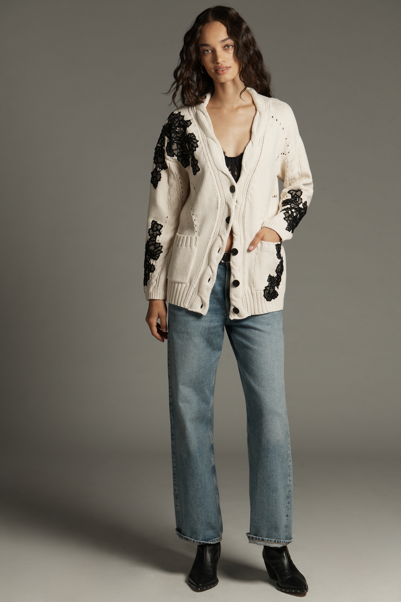 By Anthropologie Embroidered Cable-Knit Cardigan Sweater