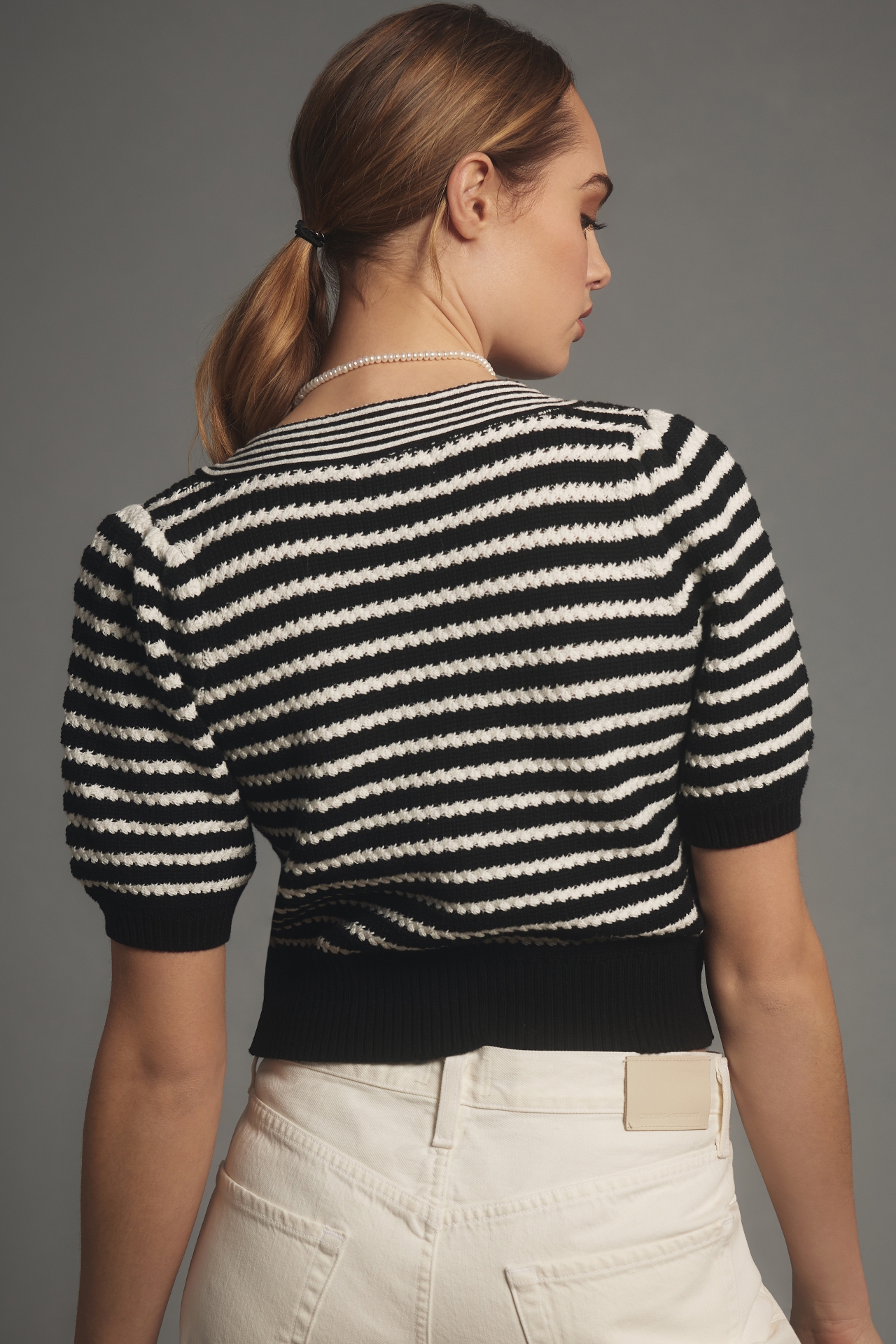 Maeve Short-Sleeve Striped Bow Cardigan Sweater