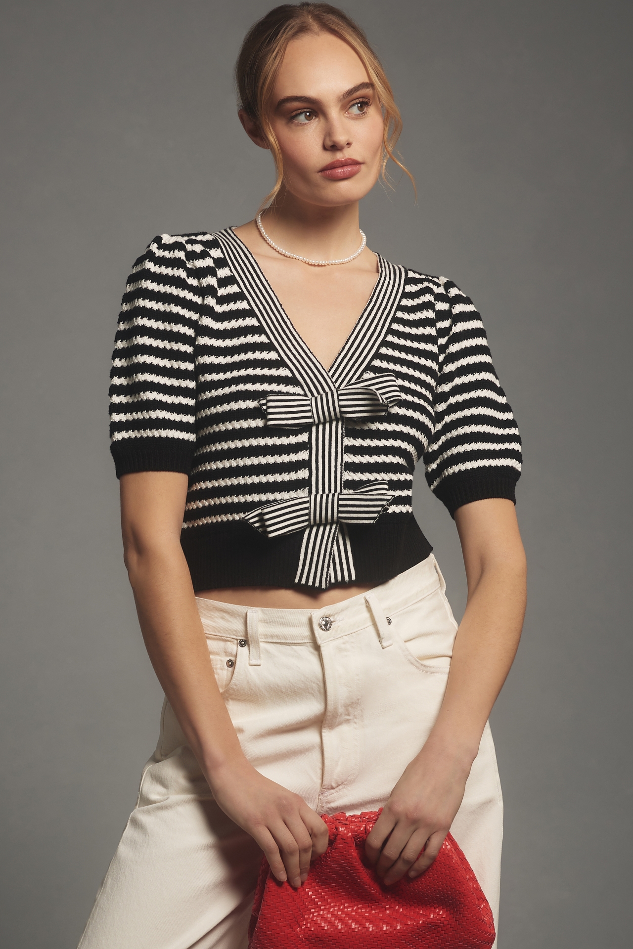 Maeve Short-Sleeve Striped Bow Cardigan Sweater