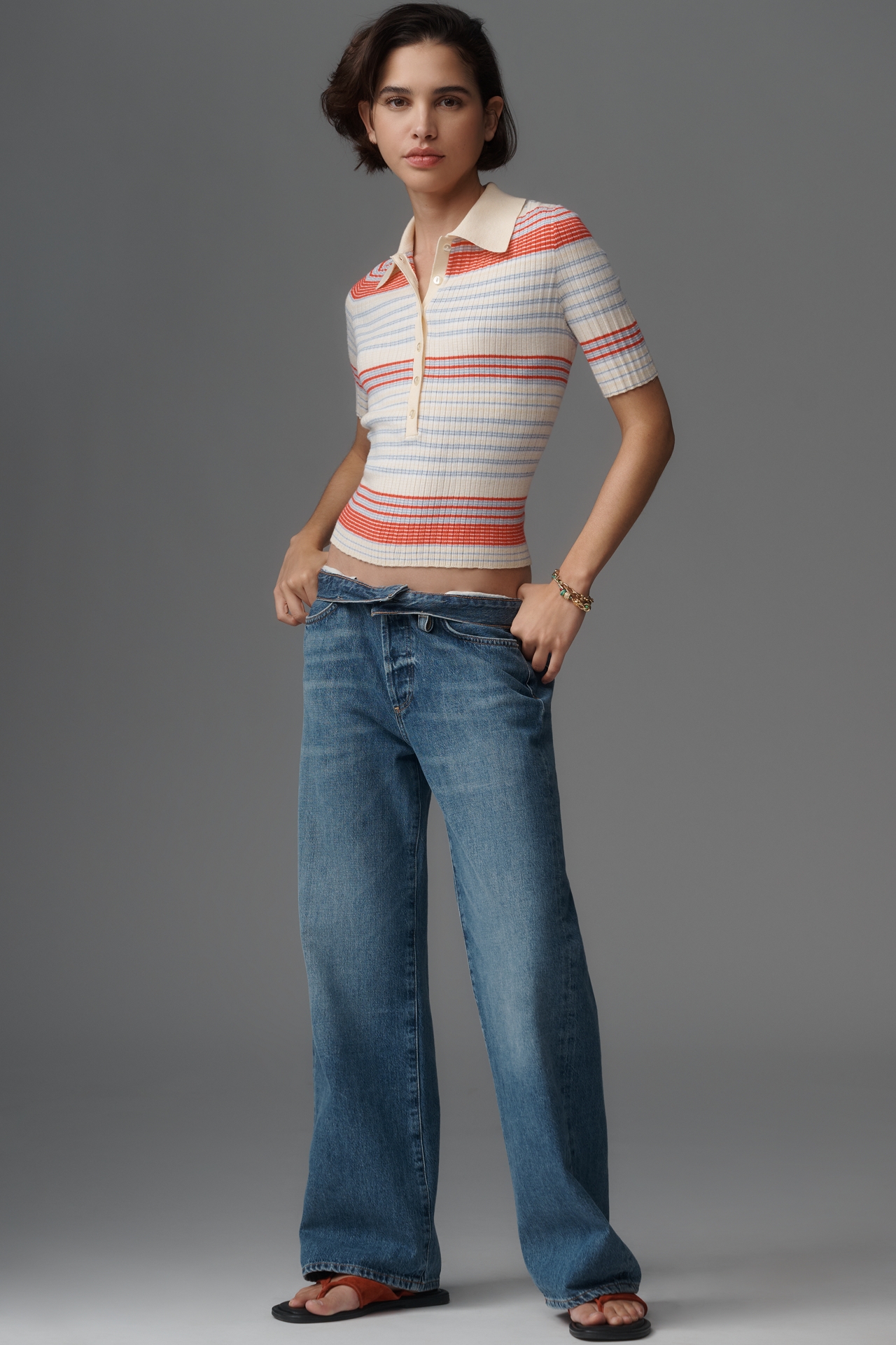 525 America Giselle Ribbed Short-Sleeve Polo Sweater