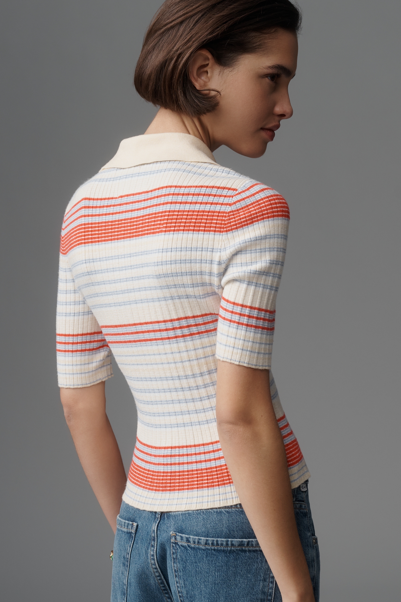 525 America Giselle Ribbed Short-Sleeve Polo Sweater