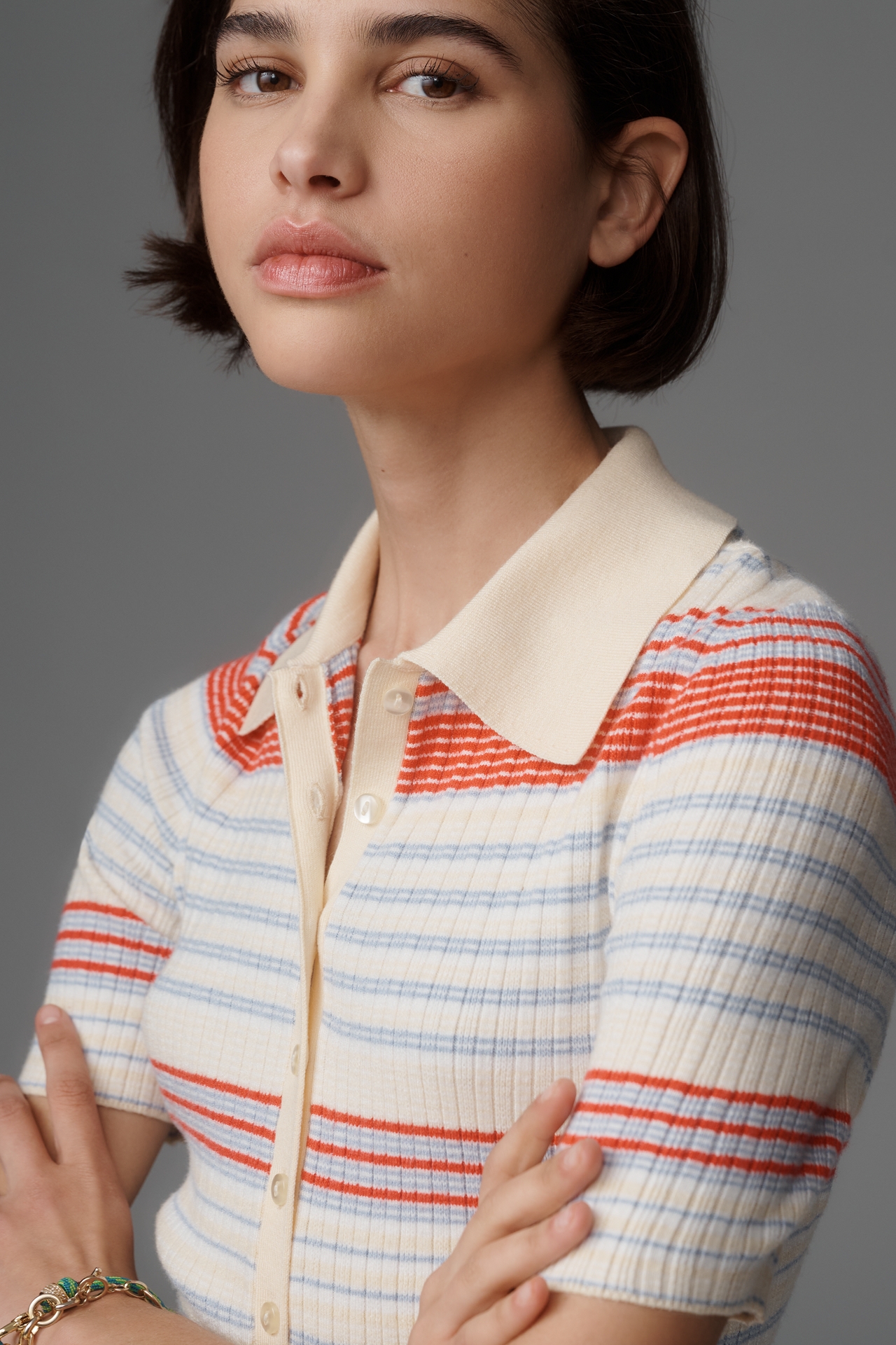 525 America Giselle Ribbed Short-Sleeve Polo Sweater