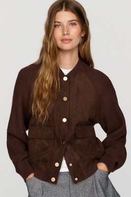 525 America Josephine Faux Suede & Ribbed Knit Bomber Cardigan by Anthropologie
