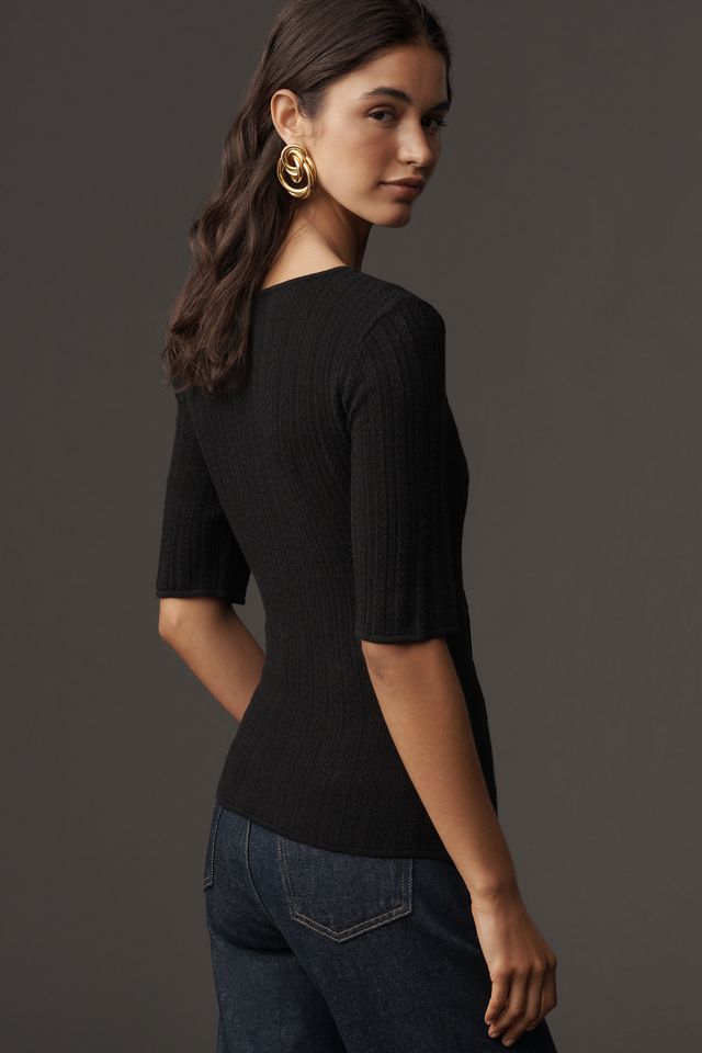 PAIGE Merril Short-Sleeve Sweetheart Pointelle Sweater #3