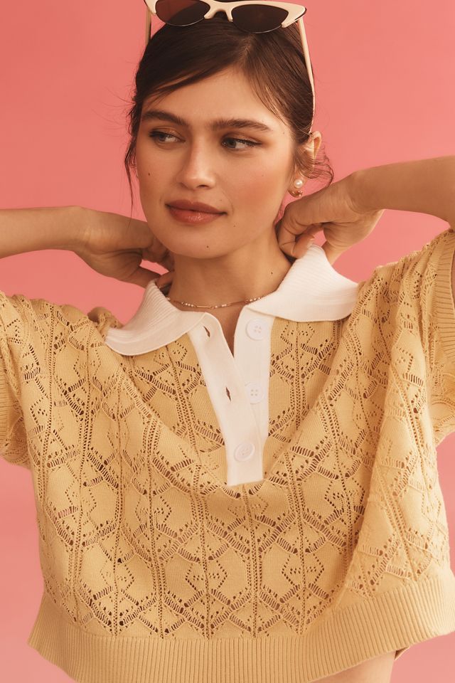 By Anthropologie Pointelle Collared Sweater Tee #2